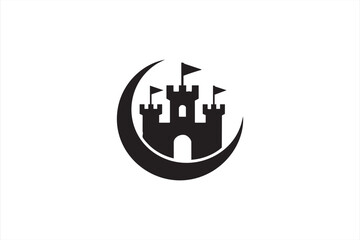 Minimalist castle and moon vector icon symbolizing fantasy and fairytale themes.