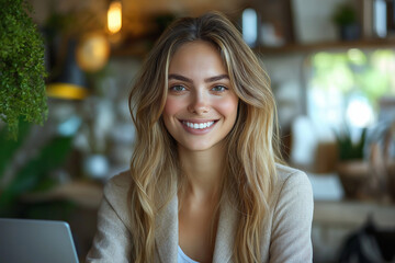 Portrait of a smiling woman with blonde hair wearing a blazer in a bright indoor setting