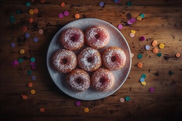 A plate of freshly baked donuts with colorful sprinkles and powdered sugar.