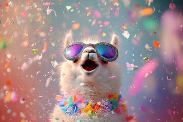 A joyful llama wearing sunglasses and a flower necklace surrounded by colorful confetti.