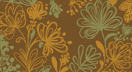 Floral Pattern with Outlined Flowers in Earthy Tones.