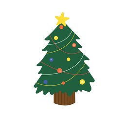 Christmas tree for winter holiday celebration. Festive decoration with ornament, bauble, garland, tinsel and star. Flat vector illustration isolated on white background.
