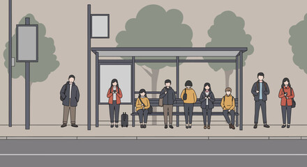 People wearing masks waiting at a bus stop during the day.