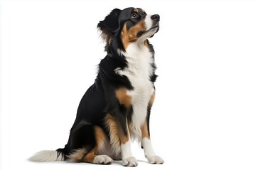 An Australian Shepherd sits attentively against a white background.