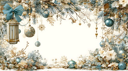 Elegant Christmas photo frame with lantern, blue bow, ribbons, snowflakes, pearls, and golden ornaments on a white background. Soft pastel colors, pine branches, cozy festive mood, photorealistic high