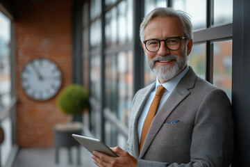 Portrait of a mature businessman holding a tablet and smiling by a window in a modern office space