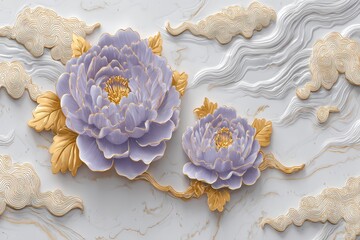 One wallpaper design includes a 3D pink flower and golden leaves on a golden abstract background, and a different design features purple flowers on an elegant marble background