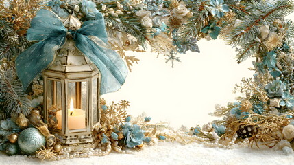 Elegant Christmas photo frame with lantern, blue bow, ribbons, snowflakes, pearls, and golden ornaments on a white background. Soft pastel colors, pine branches, cozy festive mood, photorealistic high