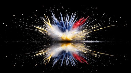 A vibrant explosion of colors reflecting on a black surface.