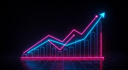 Neon futuristic financial chart glowing upward, 3D lines forming stock graph, cyberpunk-style dark background with geometric grid patterns, bright blue and pink neon lighting, cinematic light reflecti
