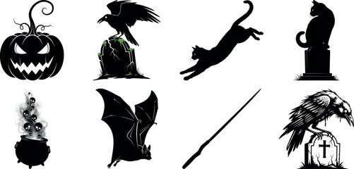 Vector art of set of frightening halloween graphics including a jackolantern, crows, cats, and a cauldron