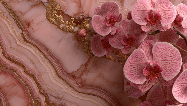 Delicate pink orchids are depicted on a 3D wallpaper with a marble tunnel, which can also be referred to as floral 3D wallpaper or delicate pink orchids on a marble tunnel background in 3D