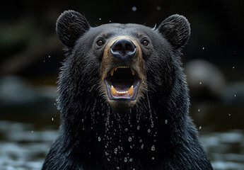 A close up shot of a black bear with its mouth open showing teeth and water droplets falling down