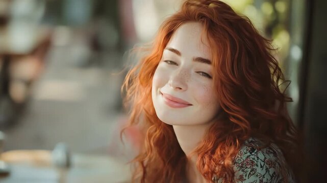 Portrait of a beautiful redhead woman with a gentle, warm smile