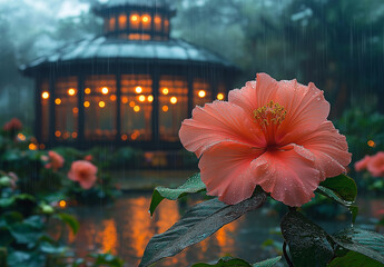 A pink hibiscus flower in the rain with a gazebo and lights in the background reflecting in water