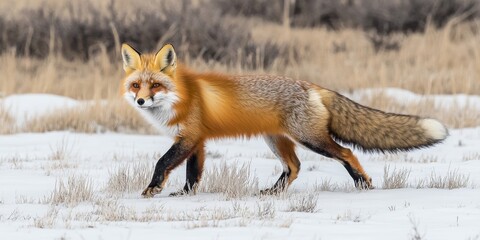 Stunning Red Fox with Vibrant Orange and Gray Fur Gracefully Roaming White Snowy Plains Outdoors