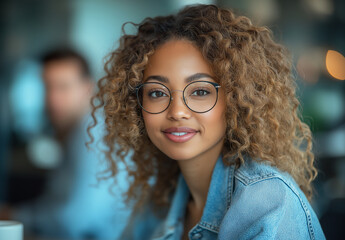 Portrait of a smiling young woman with curly hair and glasses wearing a denim jacket indoors looking at camera