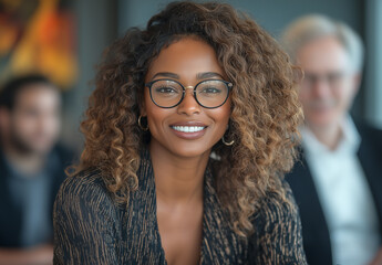 Portrait of a smiling woman with curly hair and glasses at a business meeting setting indoors