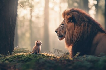 A majestic lion and its playful cub sitting together in a sunlit forest.