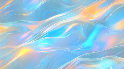 Obraz premium Abstract iridescent liquid waves in pastel blue and golden hues, flowing holographic texture for futuristic design