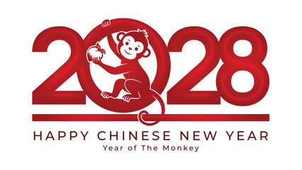 Chinese New Year 2028 number design, monkey sitting holding an apple in the number.