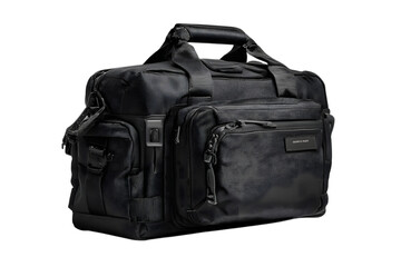 Fototapeta premium Black Duffle Bag with Multiple Pockets and Straps travel bag