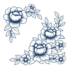 Chinese Style Decorative Peony flower Elements with Blue White flat design