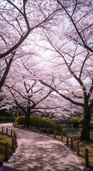 Obraz premium Vibrant Sakura Trees Frame a Tranquil Pathway in a Spring Park