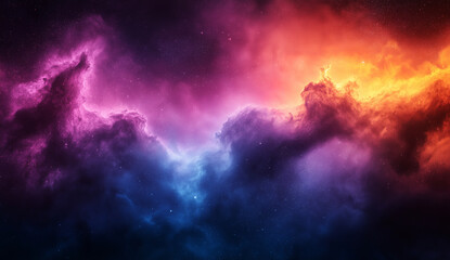 A vibrant nebula with colors ranging from blue and purple to orange and yellow in a cloudy formation