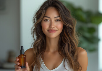 Brunette woman in white top holding amber glass dropper bottle in a bright and airy setting