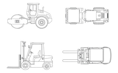 CAD Drawings. Set of outline vector forklift, road roller vehicles. Top and side view. Vector illustration. © MkJutt