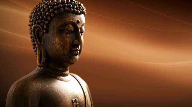 Bronze buddha statue against a changing abstract brown background. Meditation and mindfulness concept footage.
