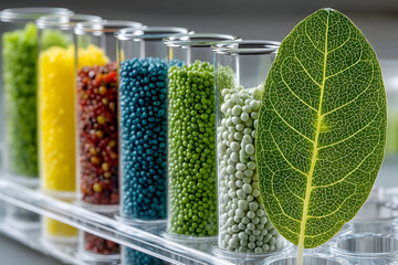 Colorful Test Tubes with Leaf for Innovative Bioengineering and Eco-Friendly Solutions