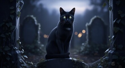Mysterious Black Cat on Ancient Tombstone at Twilight