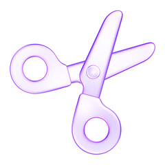 3D glassmorphism scissors icon. Minimal glossy purple design representing cutting, crafting, and creation.