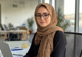 Portrait of a woman wearing hijab and glasses sitting at a desk with a laptop in an office setting