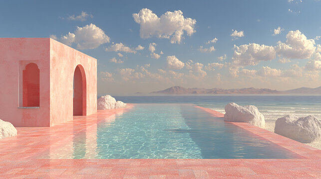 a long, rectangular pool flanked by pink arches and red tiled walkways. The pool is surrounded by large rocks and potted plants, and the background features a beautiful landscape with a clear blue sky