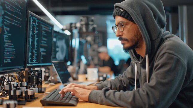 Focused programmer analyzing code on multiple screens.