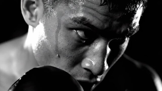 Boxer looking intense during training with sweaty face