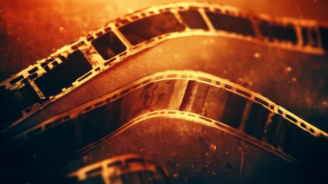 Vintage film strip detail, textured with warm lighting, close-up view.