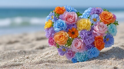 Heart Shaped Floral Arrangement of Colorful Roses on Sandy Beach