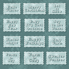 Flat Winter Text Sticker Collection Vector.
