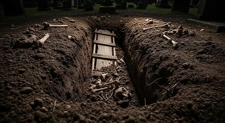 Macabre Open Grave with Bones in Desolate Cemetery