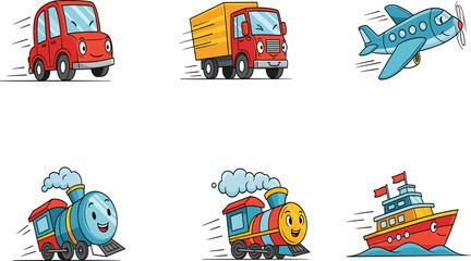 Obraz premium Cartoon transportation vehicle set with smiling car, truck, airplane, train, and boat in motion, fun and colorful kids design.
