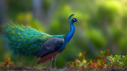 Obraz premium Magnificent peacock displays vibrant blue and green plumage, highlighted against a blurred verdant background, showcasing its elegant posture in a sunlit natural setting.