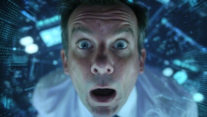 A close-up of a startled person's face, eyes wide, mouth agape, amidst a digital background
