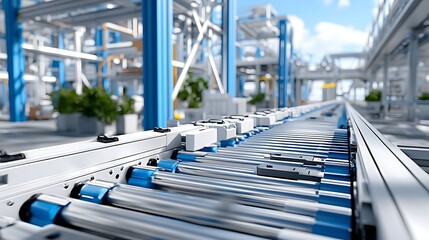 High-Tech Conveyor Belt System in Industrial Environment with Disappearing View