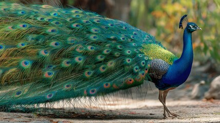 Obraz premium Magnificent peacock displaying its iridescent plumage, showcasing vibrant blue, green, and yellow hues against a blurred natural backdrop, exuding elegance and the beauty of nature.