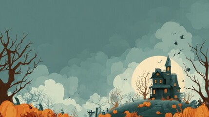 Haunted house adventure spooky landscape digital art autumn setting eerie viewpoint halloween concept
