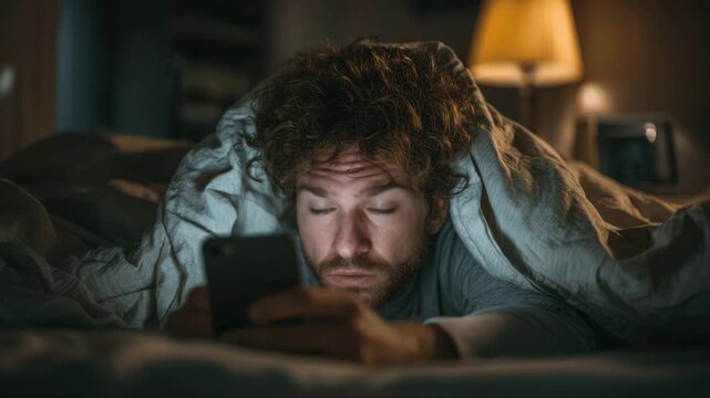 Young sad man lying in bed, gazing mobile cell phone screen. Modern life, technology. Sleeplessness, insomnia, digital life. Tech smart cellphone. Night lighting. Person bedtime. Get stuck in gadgets.